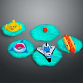 Children Having Fun With Colorful Water Toys Rubber Duck Red Ball Shark Float Airplane Hotdog