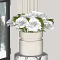 White Flowers In Double Layered White Vase On Stand By Snowy Window With Curtain