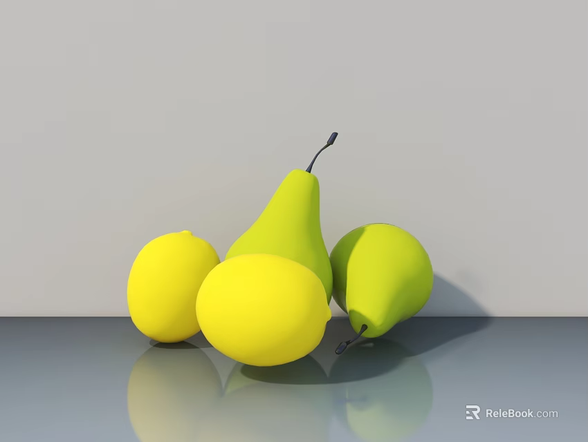 Fresh Ripe Yellow Lemons And Green Pears On Shiny Grey Tabletop 3d model 