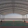 Outdoor Basketball Court With Arched White Membrane Roof Metal Pillars Red Green Court Surface