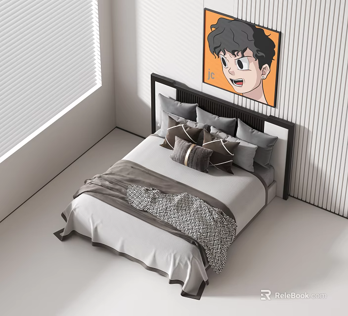 Modern Minimalist Double Bed With Black Headboard Gray Pillows White Bedspread And Wall Art 3d model 