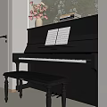 Elegant Black Piano With Music Sheets On Stand And Wooden Bench Nearby Vase Flowers And Books