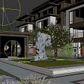 Contemporary Residential Landscape With Courtyard Stone Sculpture Green Lawn Trees And People Walking