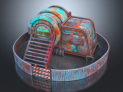 Rusted Metal Industrial Structure With Copper Patina Circular Platform And Staircase 3d model