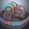 Rusted Metal Industrial Structure With Copper Patina Circular Platform And Staircase