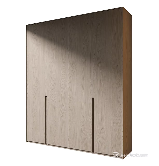 Modern Minimalist Wooden Wardrobe With Light Wood Grain Panel Doors And Vertical Handles 3d model 