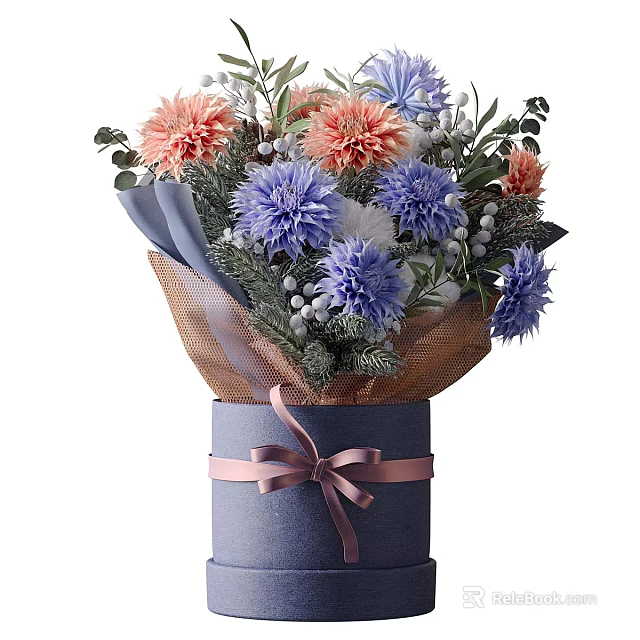 Blue Vase With Pink Ribbon Holding Orange Blue White Flowers And Green Leaves 3d model 