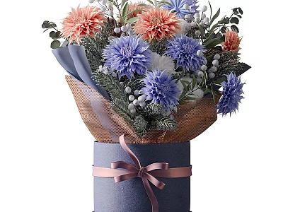 Blue Vase With Pink Ribbon Holding Orange Blue White Flowers And Green Leaves 3d model