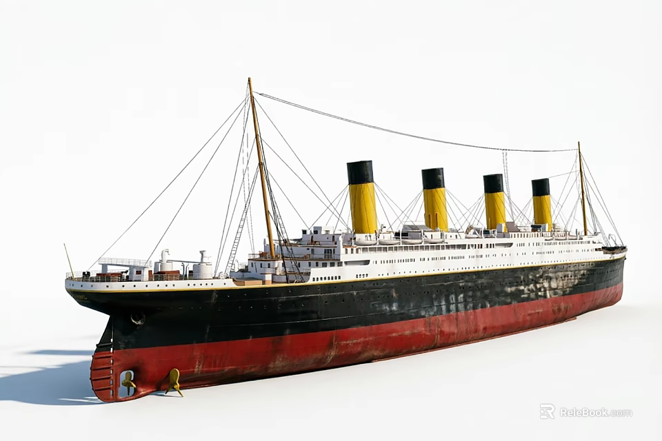 Classic Large Vintage Ship With Yellow Funnels Black Red Hull And White Superstructure 3d model 