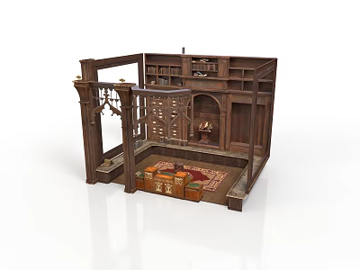 Vintage Wooden Room Structure With Bookshelves Fireplace Lattice And Trunks On Rug 3d model