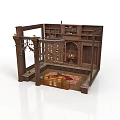 Vintage Wooden Room Structure With Bookshelves Fireplace Lattice And Trunks On Rug