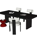 Modern Dark Colored Long Dining Table With White Chairs And Red Side Stool