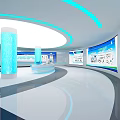 Modern Technology Exhibition Space With Large Screens Data Charts And Blue Lighting 3d model