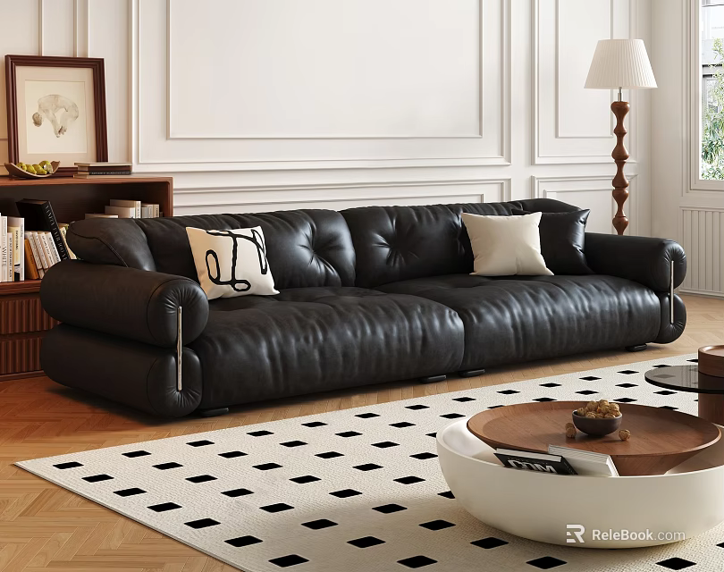 Modern Black Leather Sofa and Coffee Table Set with Decorative Pillows and Checkered Rug 3d model 