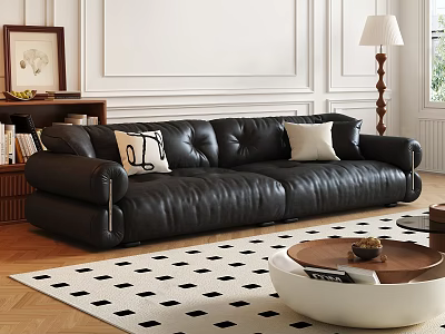 Modern Black Leather Sofa and Coffee Table Set with Decorative Pillows and Checkered Rug 3d model