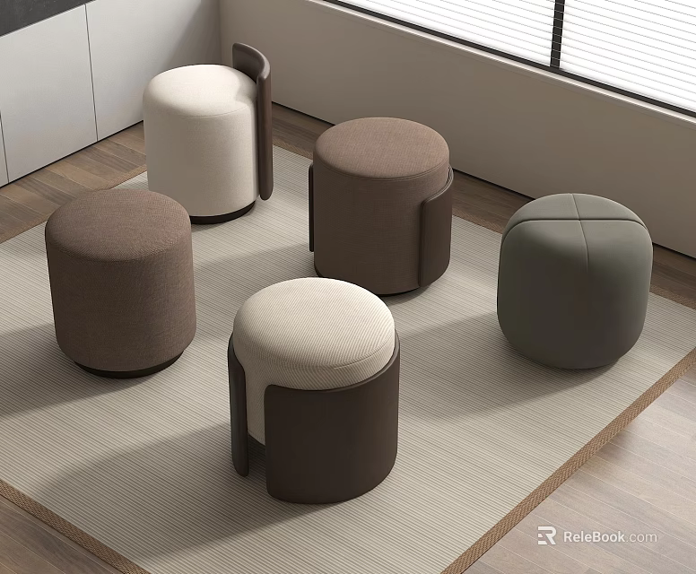 Modern Round Upholstered Stools In Multiple Colors For Living Room Interior 3d model 