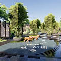 Modern Garden Landscape Design With Tall Trees Bamboo Circular Water Features And Paved Walkways