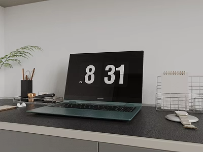 Modern Laptop On Office Desk With Digital Clock Display Calendar Holder And Stationery 3d model