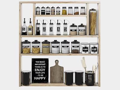 Organized Kitchen Shelf With Labeled Storage Canisters Wooden Cutting Board And Utensil Holder 3d model