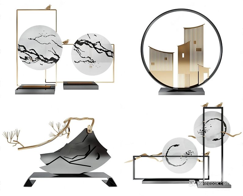 Minimalist Modern Decorative Ornament Set With Gold Accents Circular Frames Landscape Patterns And Branch Elements 3d model 