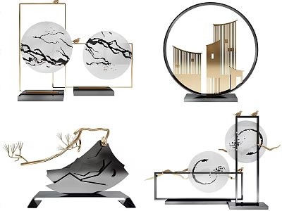 Minimalist Modern Decorative Ornament Set With Gold Accents Circular Frames Landscape Patterns And Branch Elements 3d model
