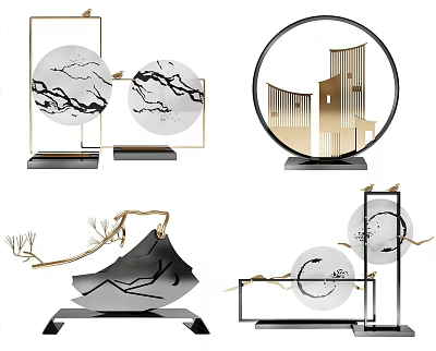 Minimalist Modern Decorative Ornament Set With Gold Accents Circular Frames Landscape Patterns And Branch Elements 3d model