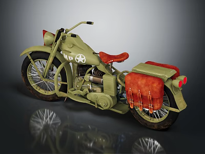 Vintage Olive Green Motorcycle With Red Seat Red Saddlebags And Star Emblem 3d model