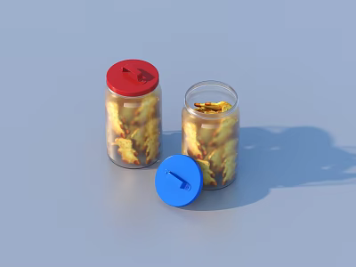 Golden Yellow Crispy Snacks In Glass Jars With Red Lid And Open Blue Lid 3d model