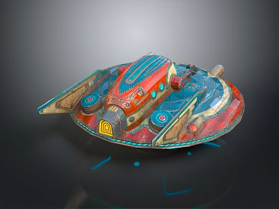 Ornate Red And Blue Sci Fi Spaceship Model With Circular Patterns And Yellow Emblem 3d model
