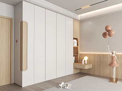 Modern White Wardrobe With Wooden Accents Open Shelves In Bedroom Soft Lighting And Rug 3d model