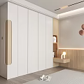 Modern White Wardrobe With Wooden Accents Open Shelves In Bedroom Soft Lighting And Rug