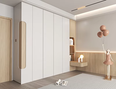 Modern White Wardrobe With Wooden Accents Open Shelves In Bedroom Soft Lighting And Rug 3d model