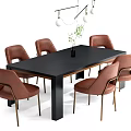 Modern Black Dining Table Set With Brown Leather Chairs And Metal Legs