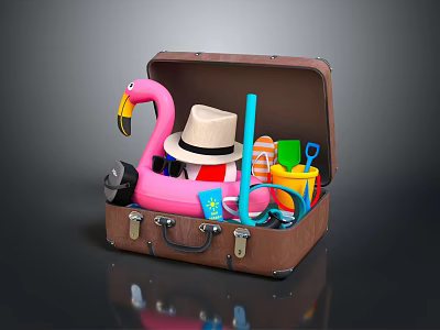 Open Brown Suitcase with Pink Flamingo Toy Straw Hat Blue Straw Colorful Cups and Shovel 3d model
