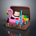 Open Brown Suitcase with Pink Flamingo Toy Straw Hat Blue Straw Colorful Cups and Shovel