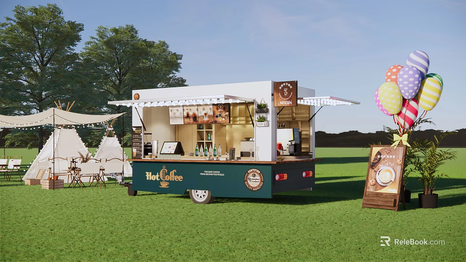 Mobile Coffee Cart On Grass Field With Hot Coffee Drinks Display Tables Chairs And Balloons 3d model 