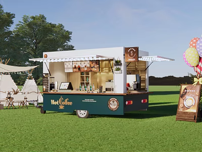 Mobile Coffee Cart On Grass Field With Hot Coffee Drinks Display Tables Chairs And Balloons 3d model