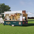 Mobile Coffee Cart On Grass Field With Hot Coffee Drinks Display Tables Chairs And Balloons