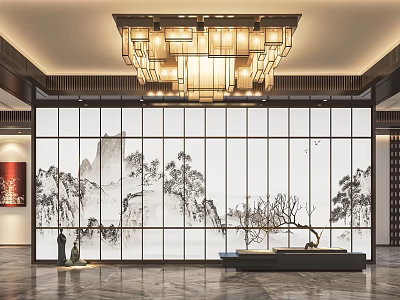 Hotel Lobby Interior Design With Grand Chandelier Landscape Screen And Marble Floor 3d model