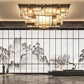 Hotel Lobby Interior Design With Grand Chandelier Landscape Screen And Marble Floor