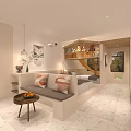 Modern Hotel Room Interior With Sofa Pillows Side Table Bed Pendant Lights And Loft Area