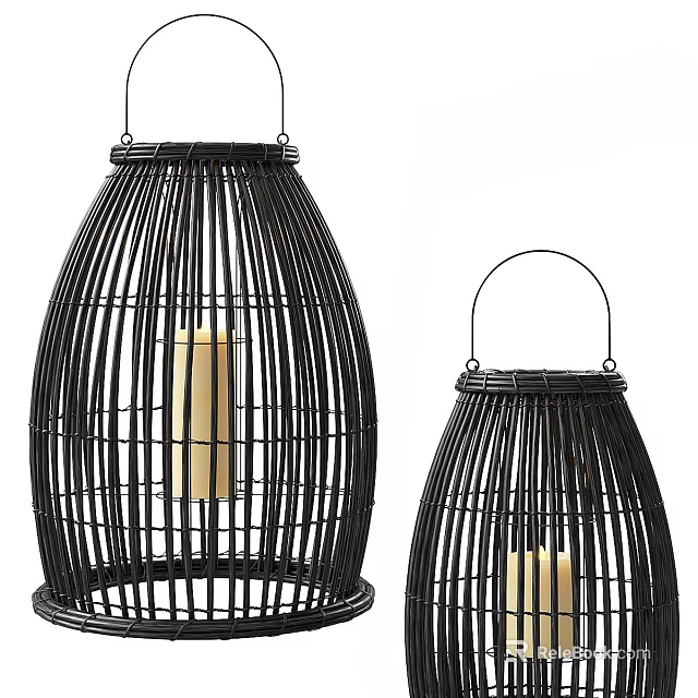 Black Rattan Lantern Shaped Floor Lamp With Candle And Two Sizes Design 3d model 