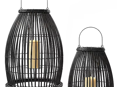 Black Rattan Lantern Shaped Floor Lamp With Candle And Two Sizes Design 3d model