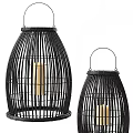 Black Rattan Lantern Shaped Floor Lamp With Candle And Two Sizes Design