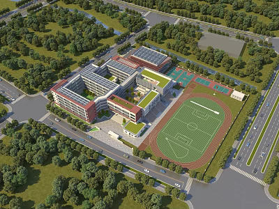 Modern School Building Complex With Campus Green Areas And Sports Field 3d model