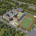 Modern School Building Complex With Campus Green Areas And Sports Field