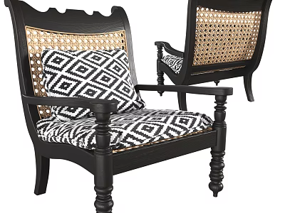 Classic Black Accent Chair With Woven Rattan Back And Geometric Pattern Cushion 3d model