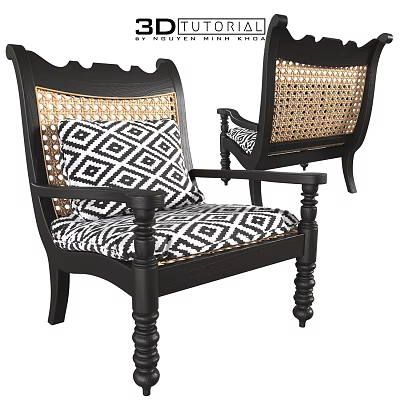 Classic Black Accent Chair With Woven Rattan Back And Geometric Pattern Cushion 3d model