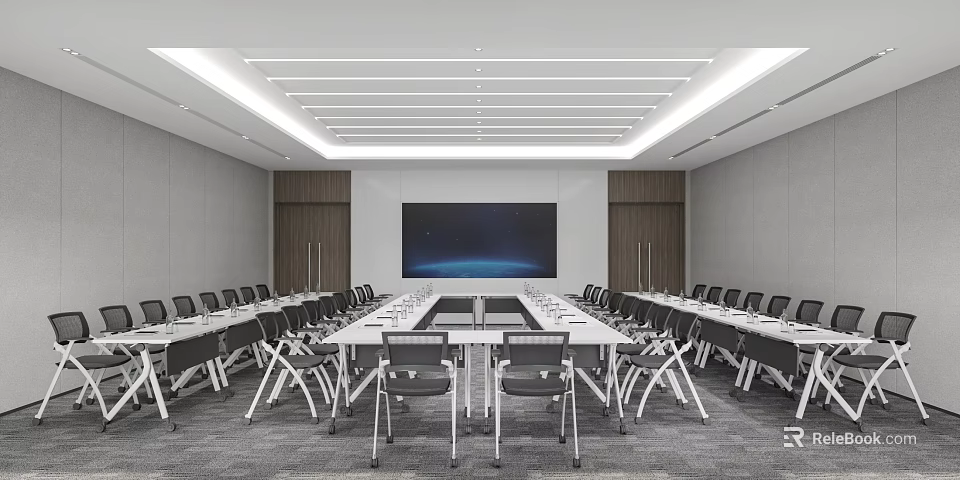 Modern Conference Room Interior Design With Long Conference Table Large Screen And Chairs 3d model 