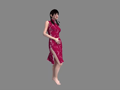 Woman in Red Qipao with Pigtails and Side Slit Standing Barefoot on Gray Background 3d model